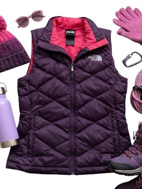 The North Face 550 Down Puffer Vest Plum Hot Pink Sleeveless Zip Warm in GUC